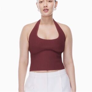 Aritzia Burgundy Ribbed Halter Crop Top